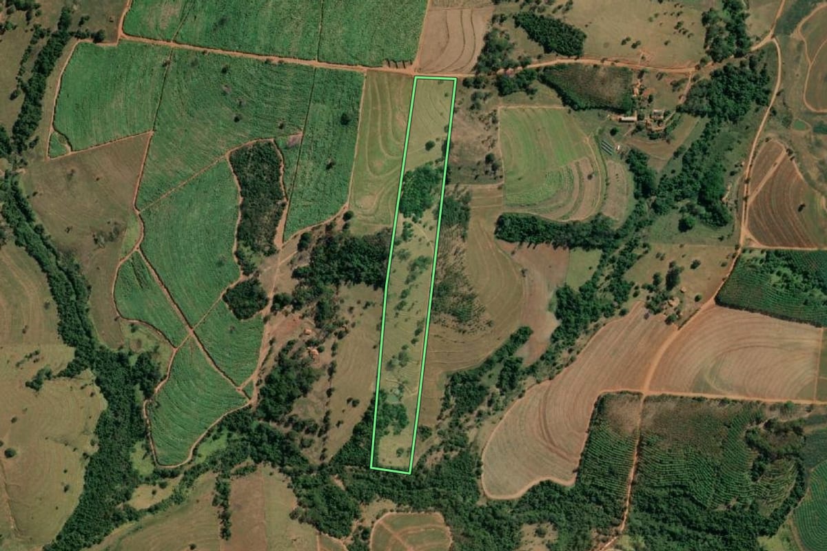Imagem de satélite do imóvel rural em Bálsamo (SP), com o contorno declarado no CAR desenhado por cima.
