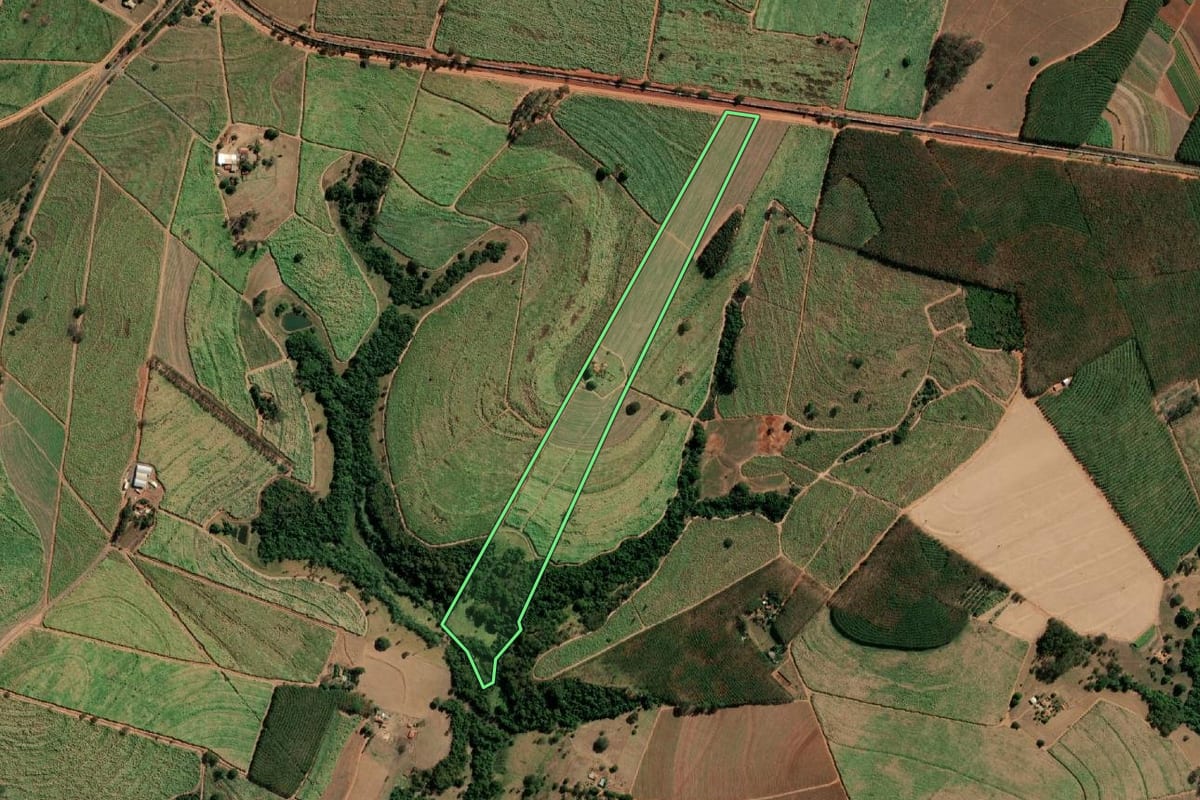 Imagem de satélite do imóvel rural em Monte Aprazível (SP), com o contorno declarado no CAR desenhado por cima.
