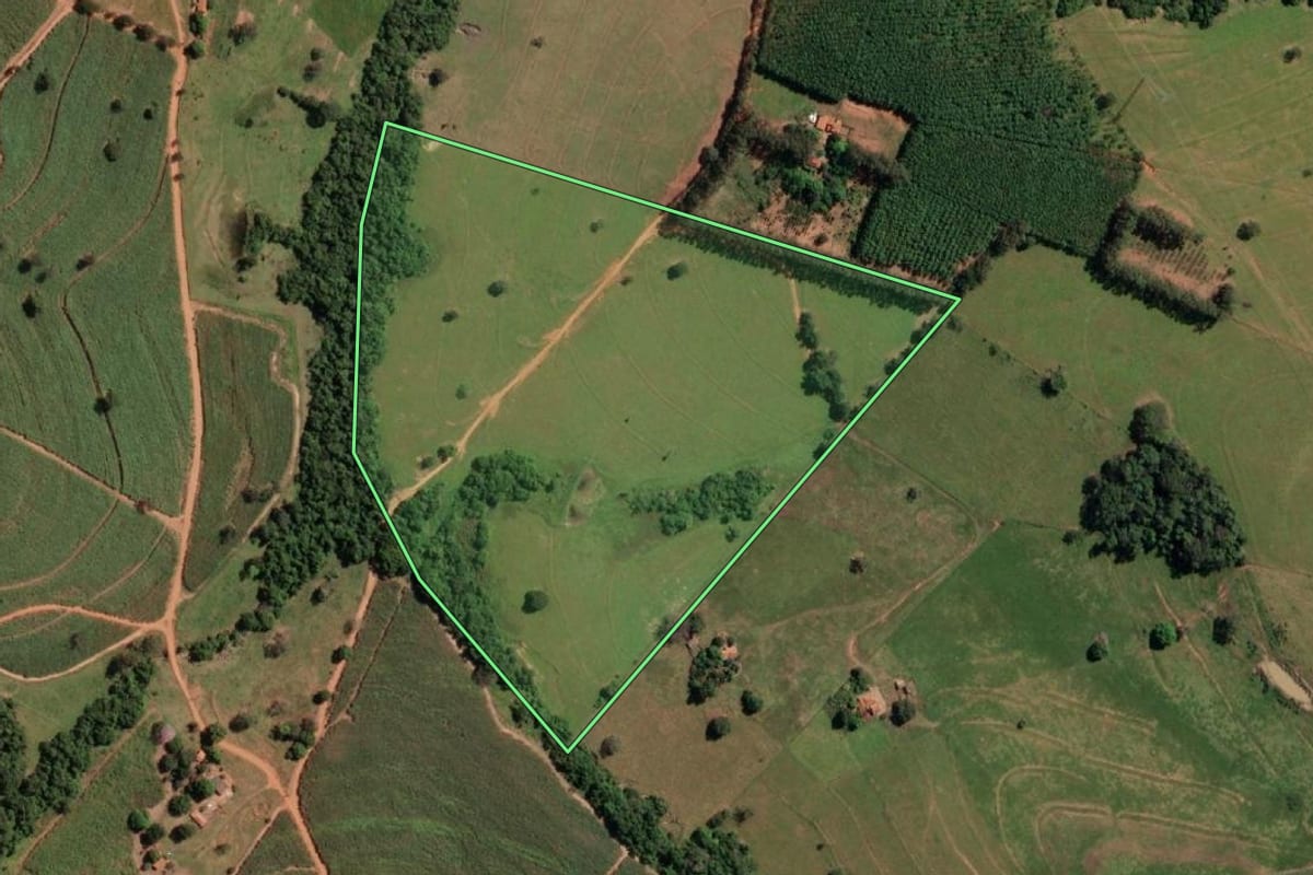 Imagem de satélite do imóvel rural em Monte Aprazível (SP), com o contorno declarado no CAR desenhado por cima.