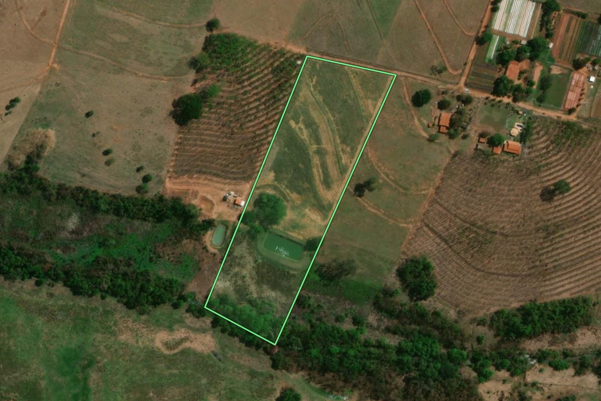Imagem de satélite do imóvel rural em Monte Aprazível (SP), com o contorno declarado no CAR desenhado por cima.