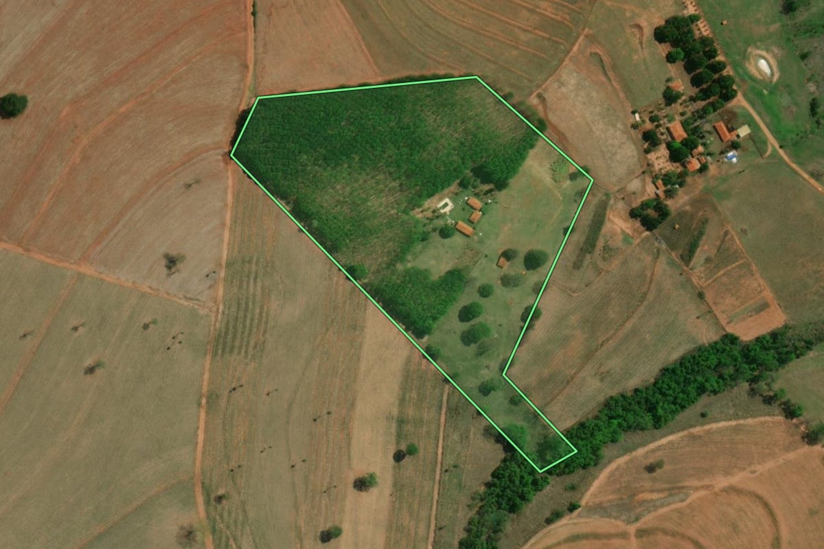 Imagem de satélite do imóvel rural em Monte Aprazível (SP), com o contorno declarado no CAR desenhado por cima.