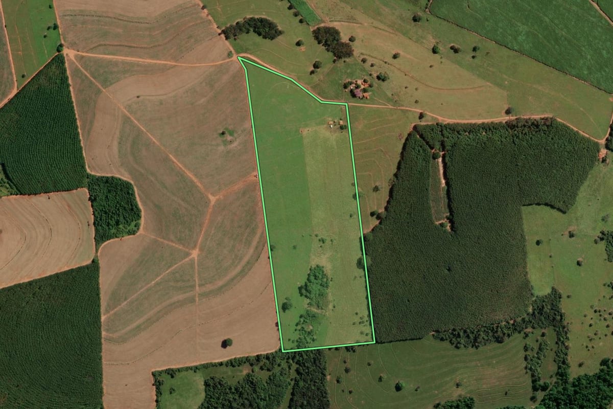 Imagem de satélite do imóvel rural em Monte Aprazível (SP), com o contorno declarado no CAR desenhado por cima.
