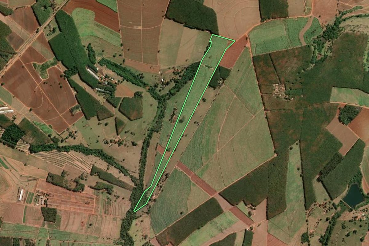 Imagem de satélite do imóvel rural em Monte Aprazível (SP), com o contorno declarado no CAR desenhado por cima.