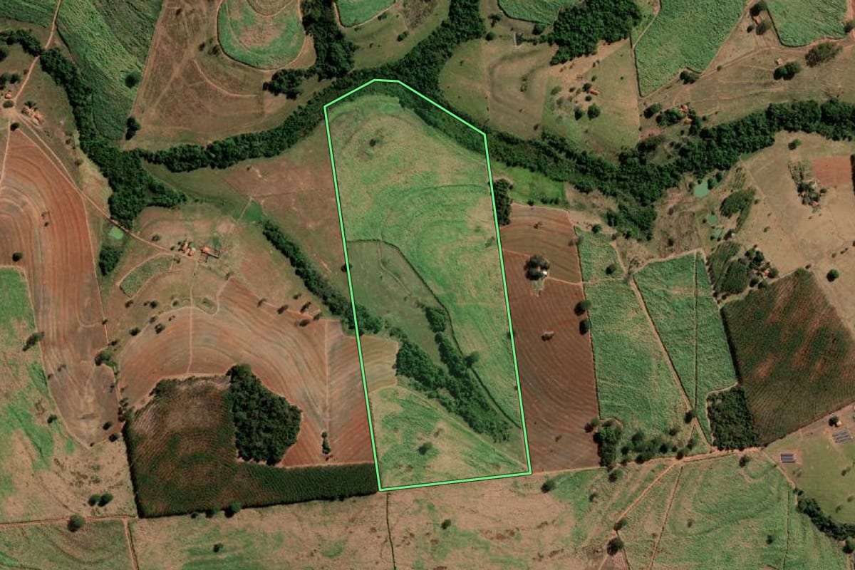 Imagem de satélite do imóvel rural em Monte Aprazível (SP), com o contorno declarado no CAR desenhado por cima.