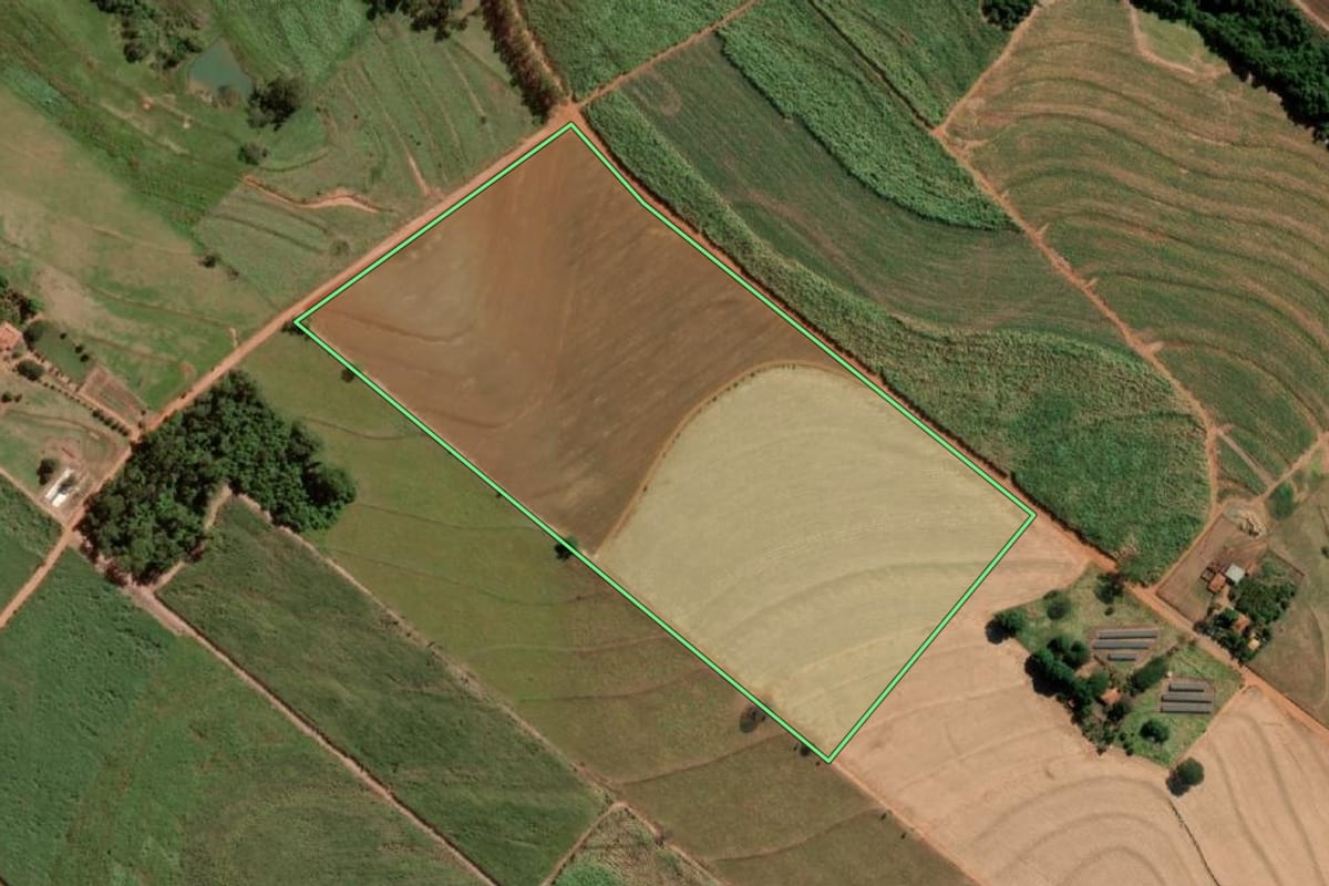 Imagem de satélite do imóvel rural em Monte Aprazível (SP), com o contorno declarado no CAR desenhado por cima.
