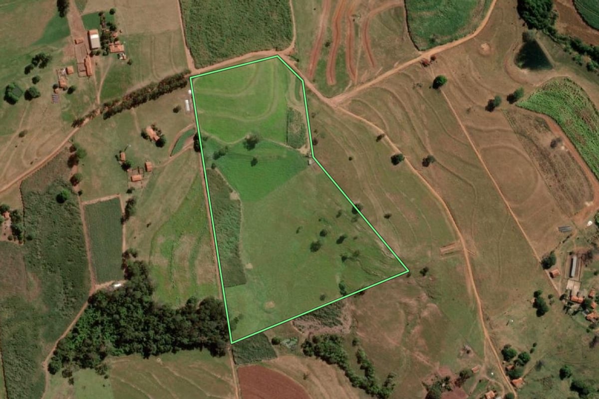 Imagem de satélite do imóvel rural em Monte Aprazível (SP), com o contorno declarado no CAR desenhado por cima.