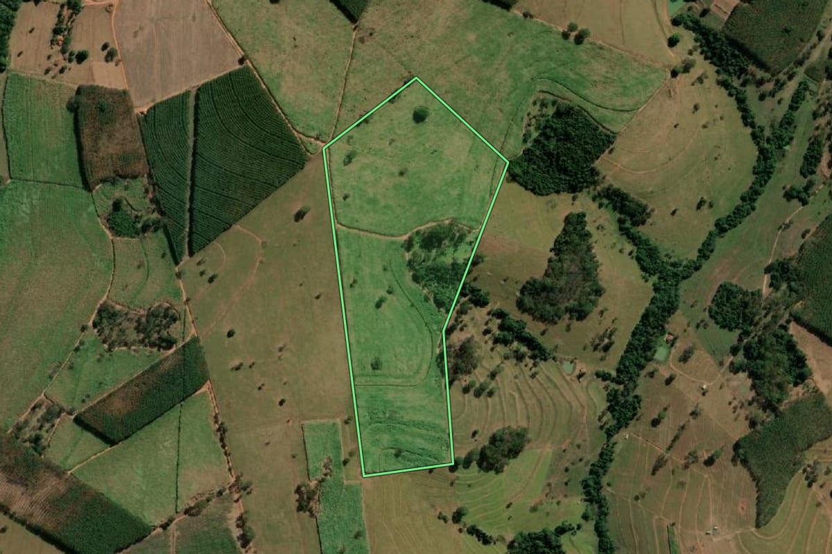 Imagem de satélite do imóvel rural em Monte Aprazível (SP), com o contorno declarado no CAR desenhado por cima.