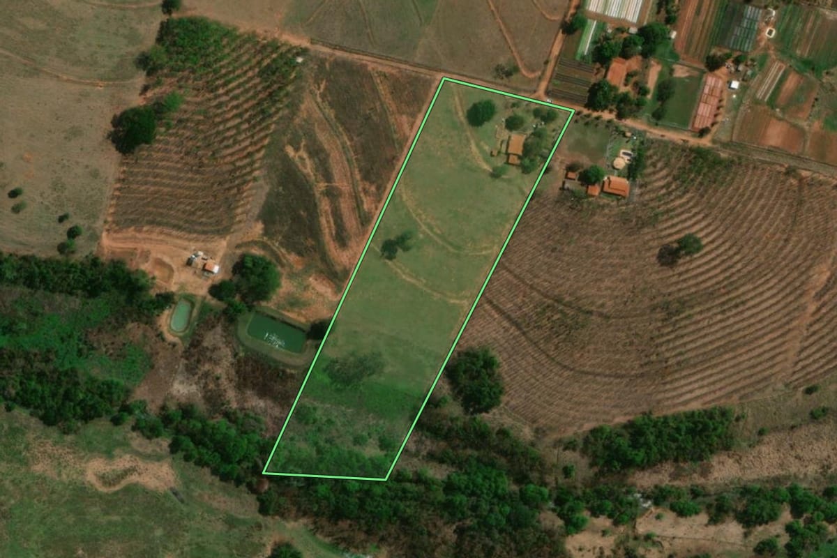 Imagem de satélite do imóvel rural em Monte Aprazível (SP), com o contorno declarado no CAR desenhado por cima.