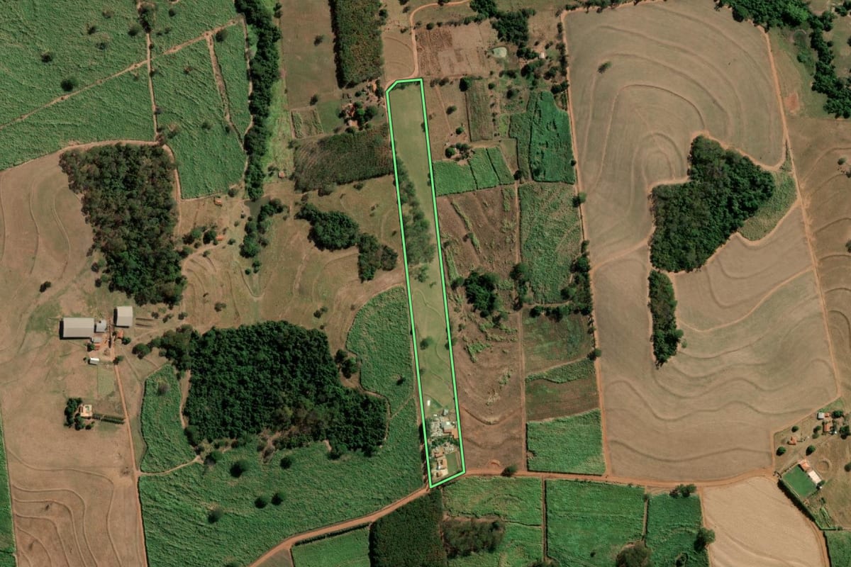 Imagem de satélite do imóvel rural em Monte Aprazível (SP), com o contorno declarado no CAR desenhado por cima.