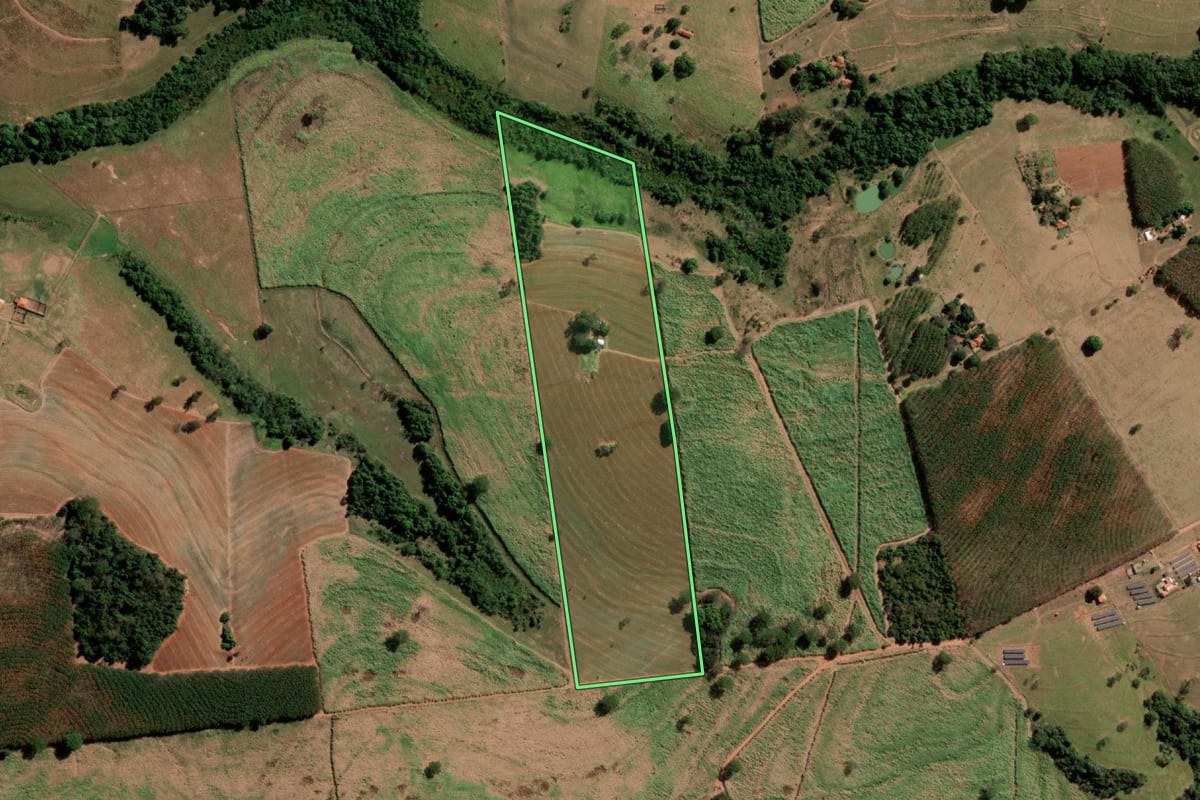 Imagem de satélite do imóvel rural em Monte Aprazível (SP), com o contorno declarado no CAR desenhado por cima.