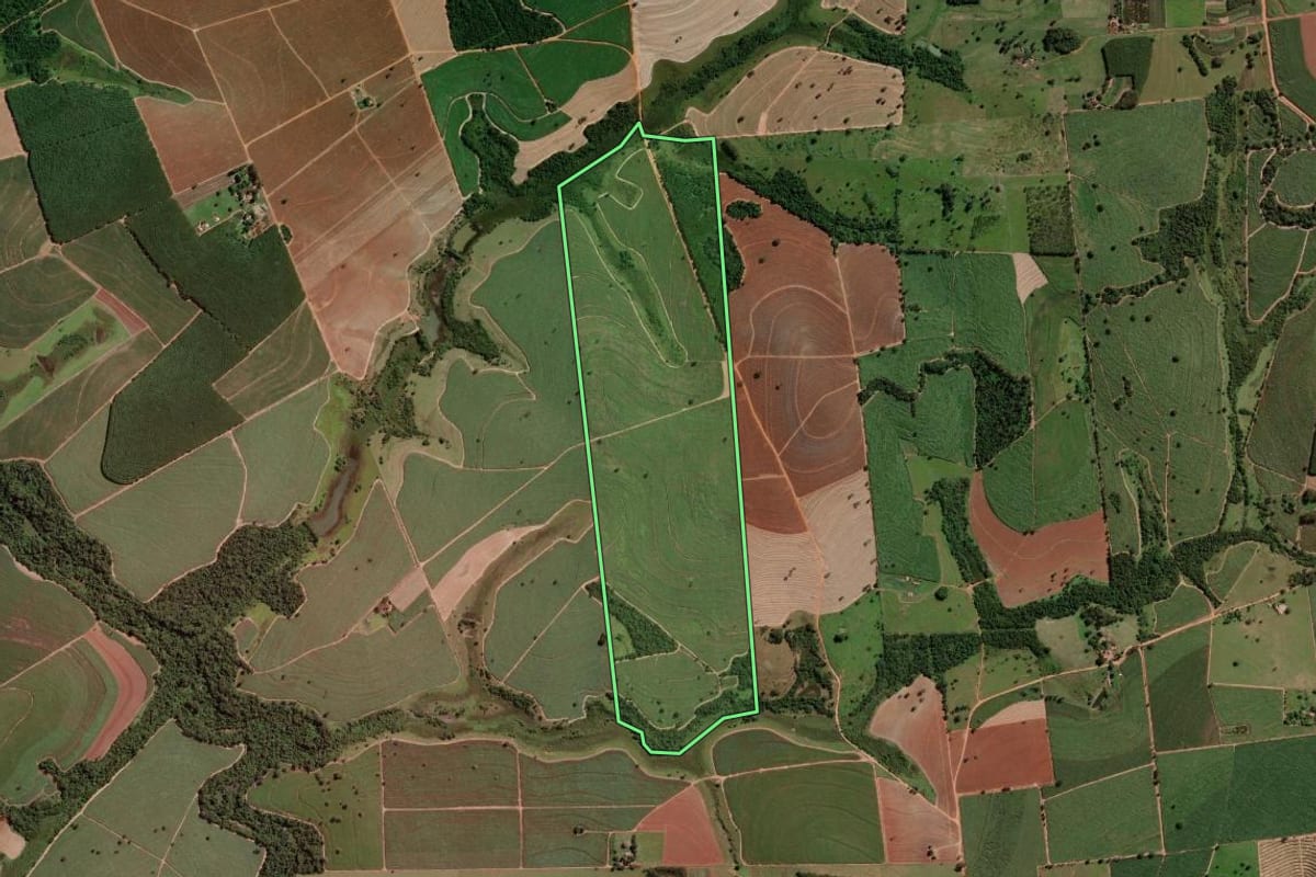 Imagem de satélite do imóvel rural em Monte Aprazível (SP), com o contorno declarado no CAR desenhado por cima.