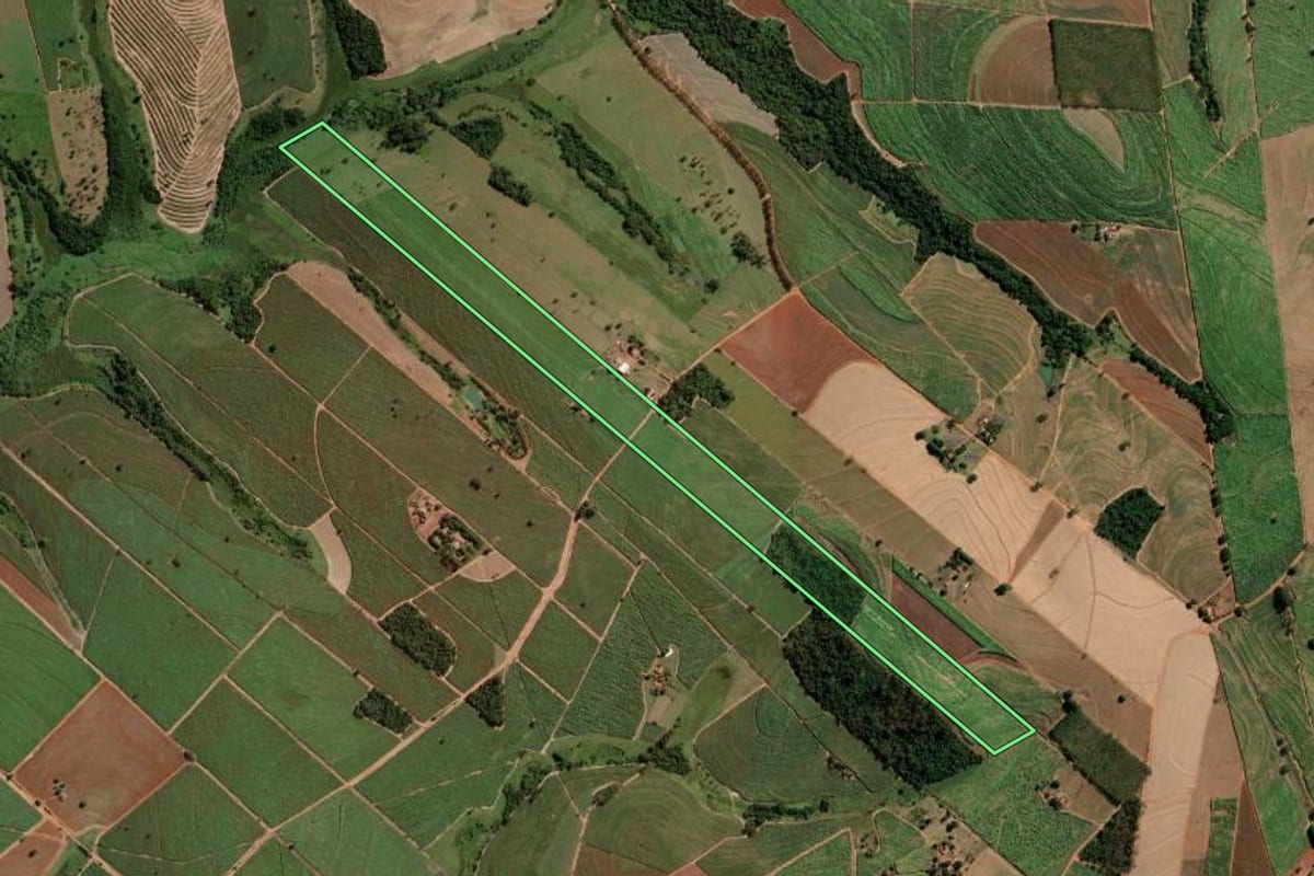Imagem de satélite do imóvel rural em Monte Aprazível (SP), com o contorno declarado no CAR desenhado por cima.
