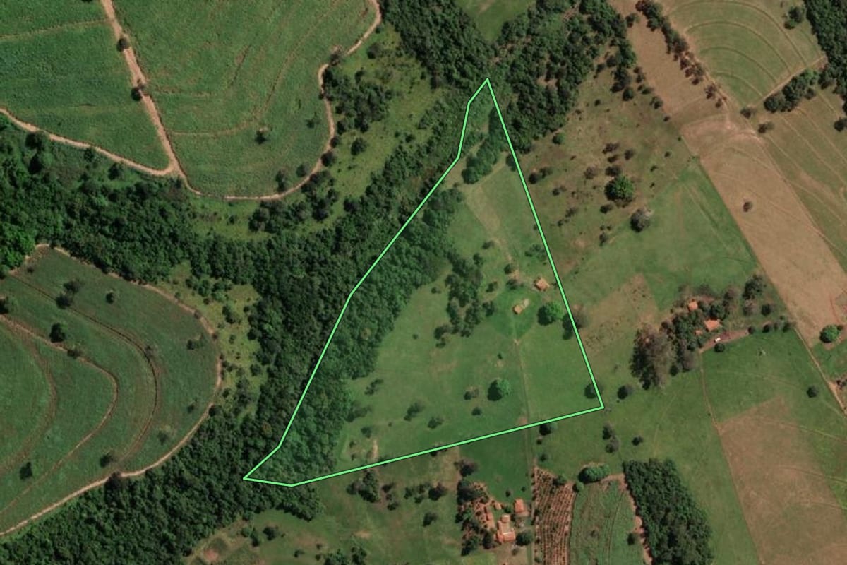 Imagem de satélite do imóvel rural em Monte Aprazível (SP), com o contorno declarado no CAR desenhado por cima.