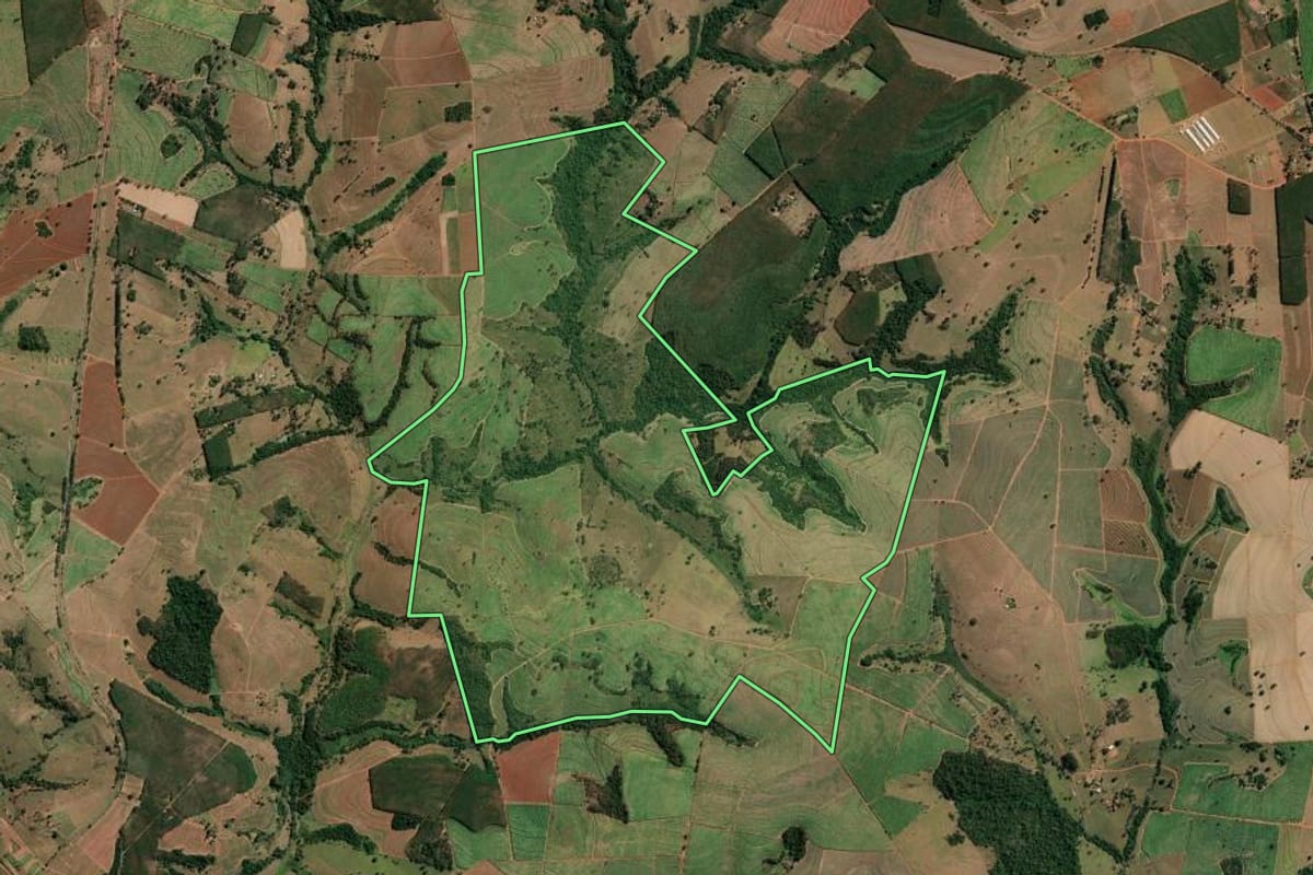 Imagem de satélite do imóvel rural em Monte Aprazível (SP), com o contorno declarado no CAR desenhado por cima.