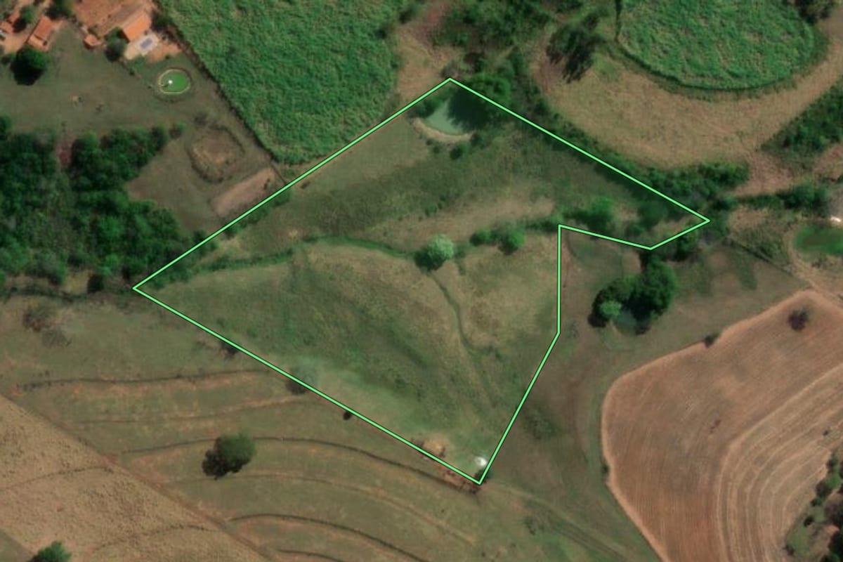 Imagem de satélite do imóvel rural em Monte Aprazível (SP), com o contorno declarado no CAR desenhado por cima.