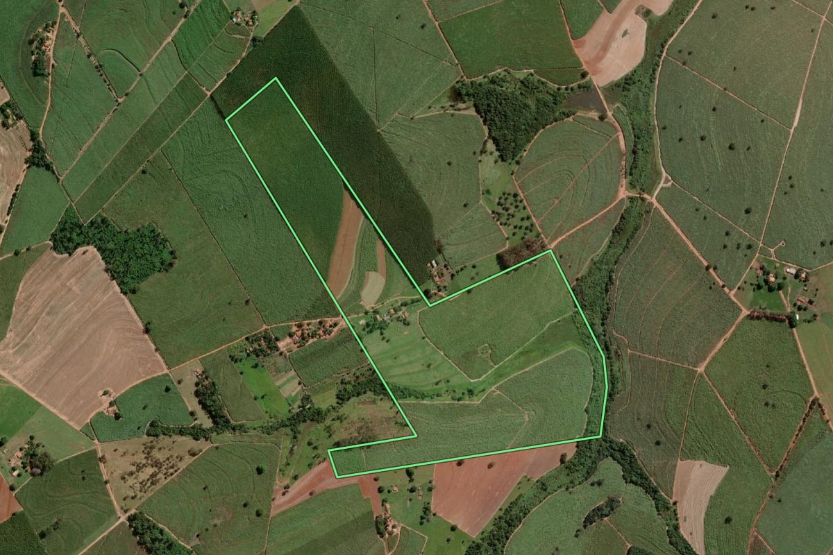 Imagem de satélite do imóvel rural em Monte Aprazível (SP), com o contorno declarado no CAR desenhado por cima.