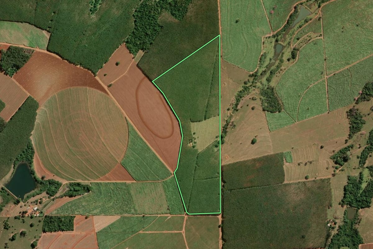 Imagem de satélite do imóvel rural em Monte Aprazível (SP), com o contorno declarado no CAR desenhado por cima.