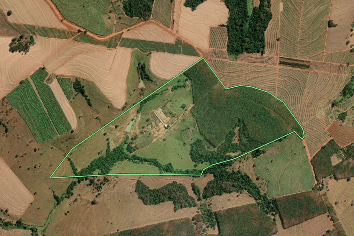 Imagem de satélite do imóvel rural em Monte Aprazível (SP), com o contorno declarado no CAR desenhado por cima.