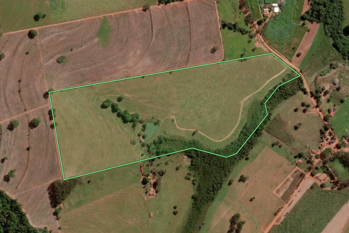 Imagem de satélite do imóvel rural em Monte Aprazível (SP), com o contorno declarado no CAR desenhado por cima.
