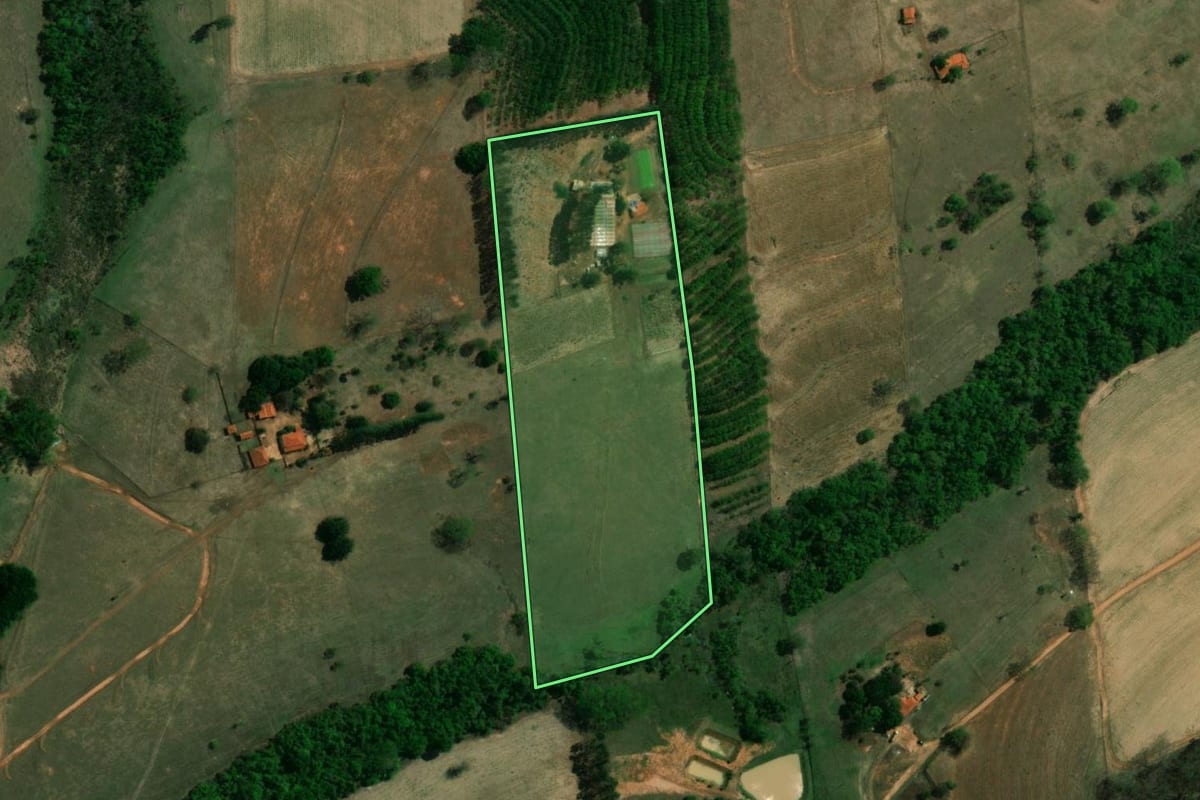 Imagem de satélite do imóvel rural em Monte Aprazível (SP), com o contorno declarado no CAR desenhado por cima.