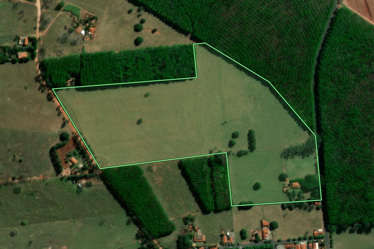 Imagem de satélite do imóvel rural em Monte Aprazível (SP), com o contorno declarado no CAR desenhado por cima.