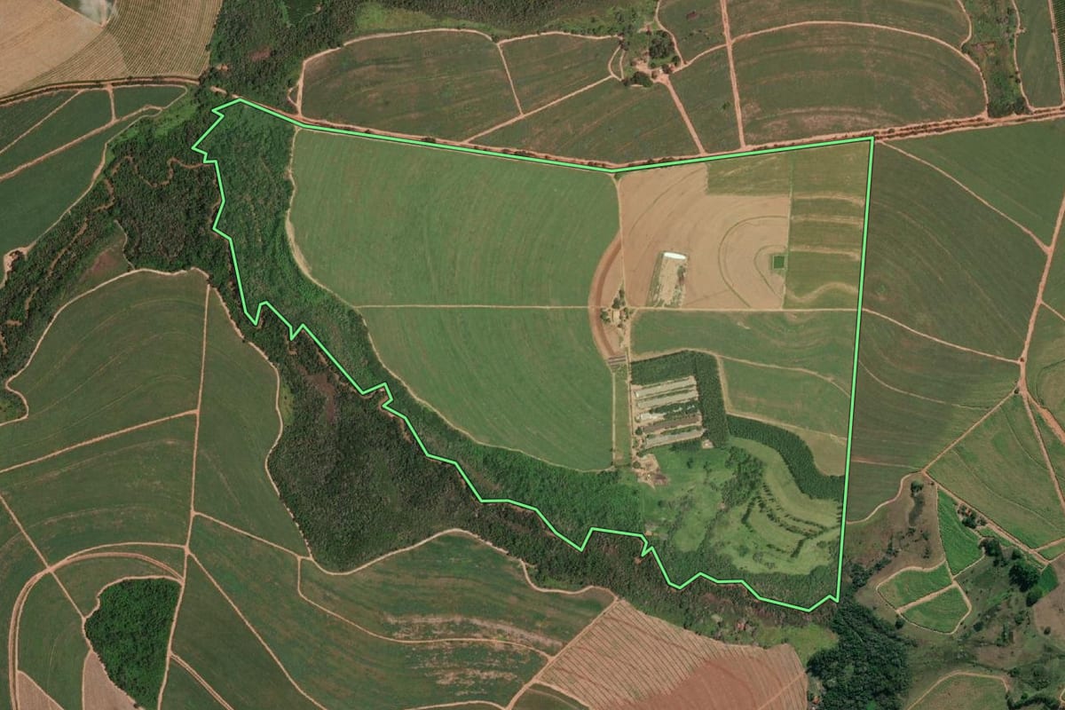 Imagem de satélite do imóvel rural em Monte Azul Paulista (SP), com o contorno declarado no CAR desenhado por cima.