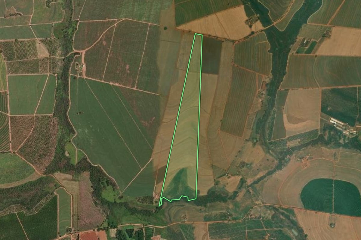 Imagem de satélite do imóvel rural em Monte Azul Paulista (SP), com o contorno declarado no CAR desenhado por cima.