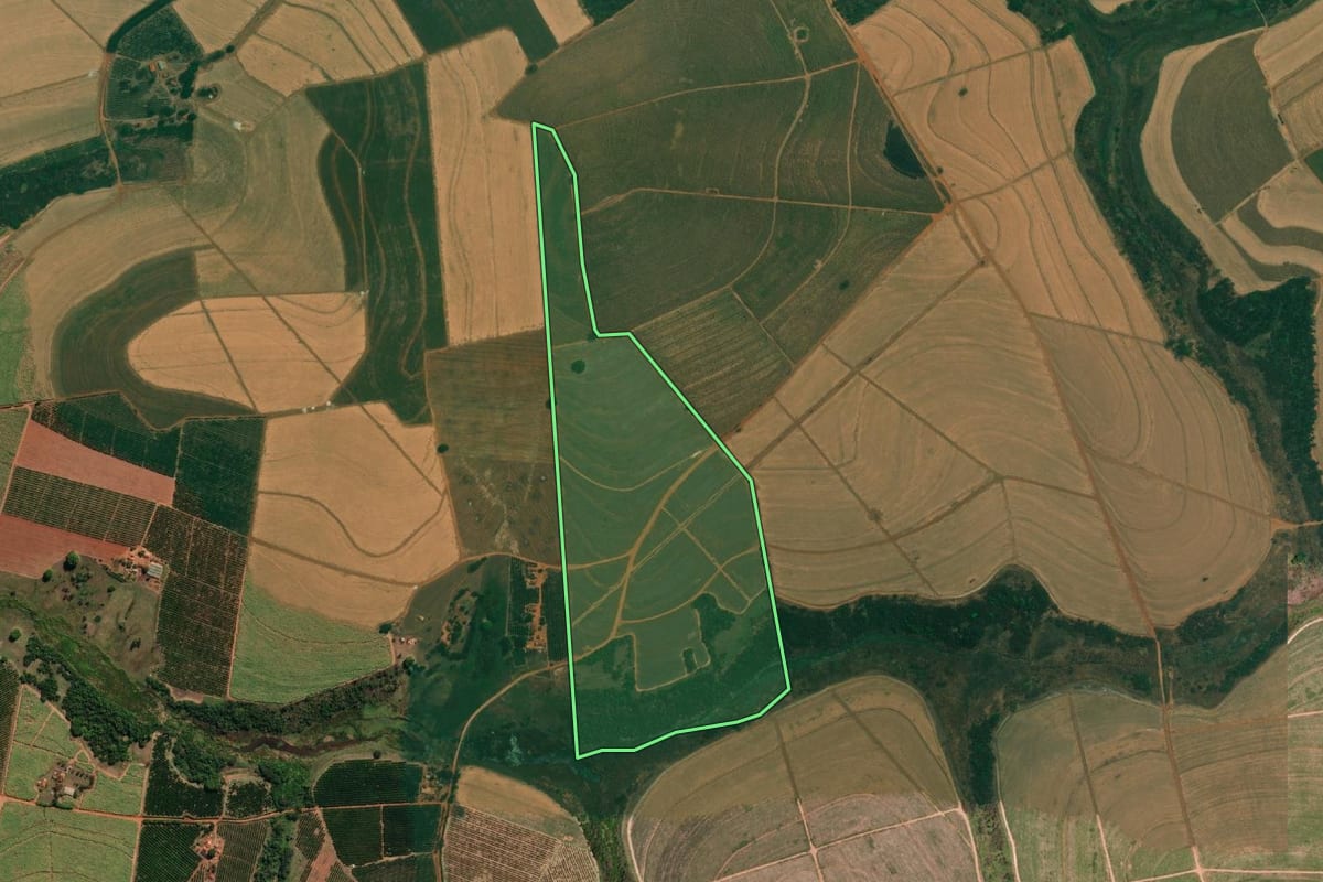 Imagem de satélite do imóvel rural em Monte Azul Paulista (SP), com o contorno declarado no CAR desenhado por cima.