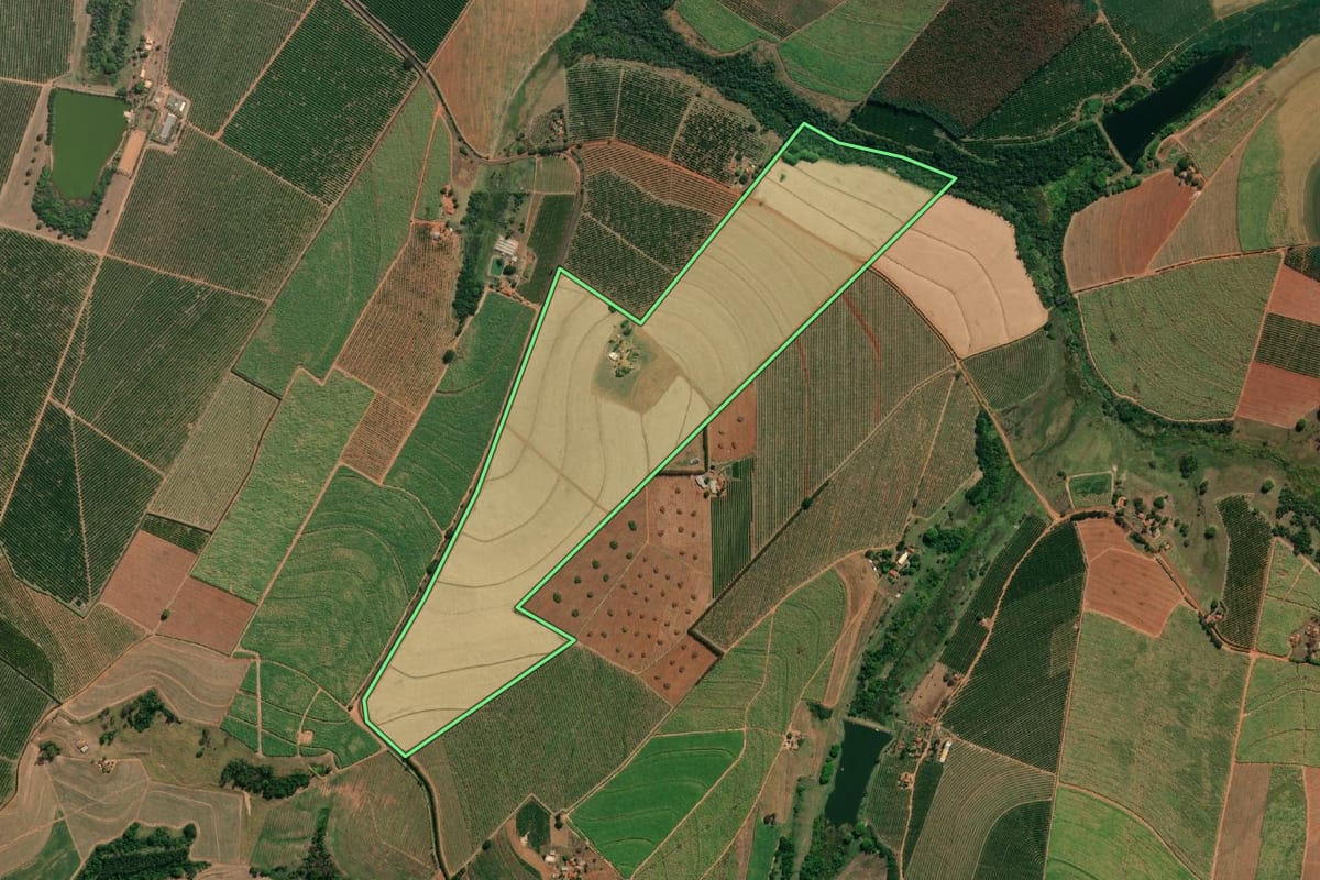 Imagem de satélite do imóvel rural em Monte Azul Paulista (SP), com o contorno declarado no CAR desenhado por cima.