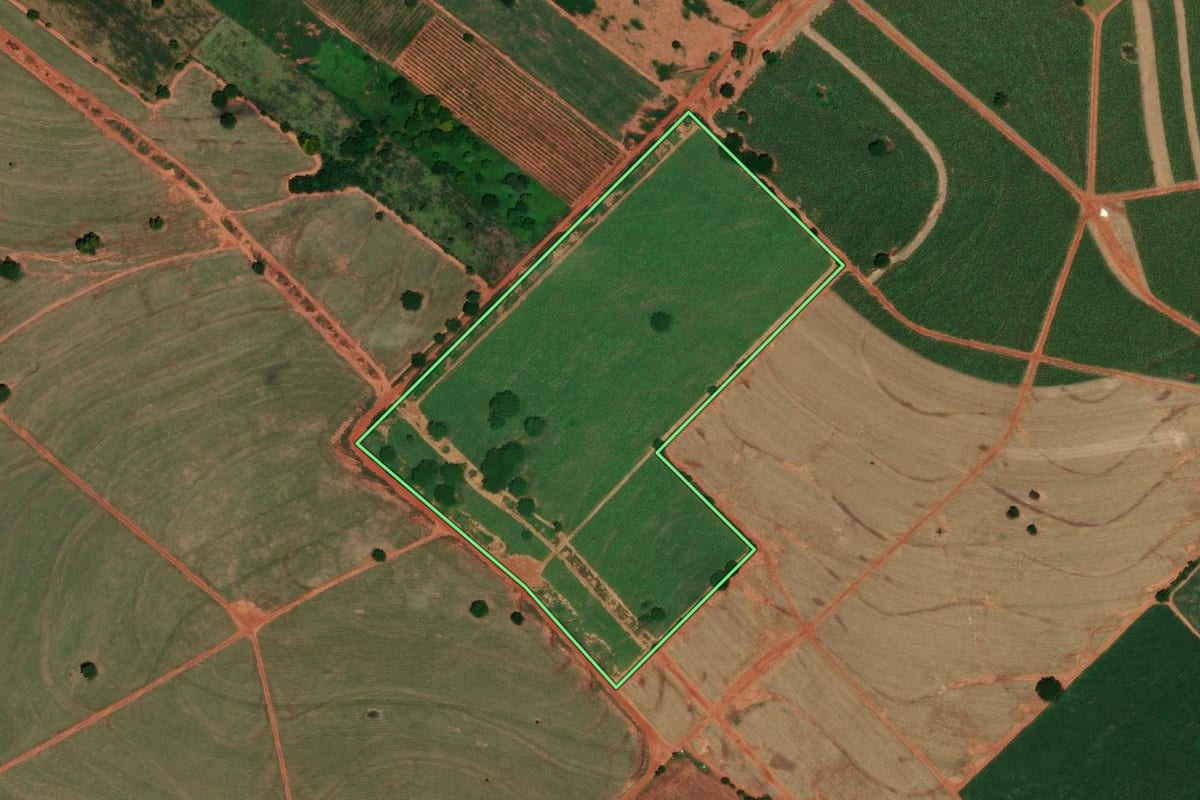 Imagem de satélite do imóvel rural em Monte Castelo (SP), com o contorno declarado no CAR desenhado por cima.