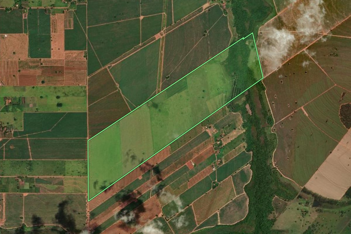 Imagem de satélite do imóvel rural em Monte Castelo (SP), com o contorno declarado no CAR desenhado por cima.