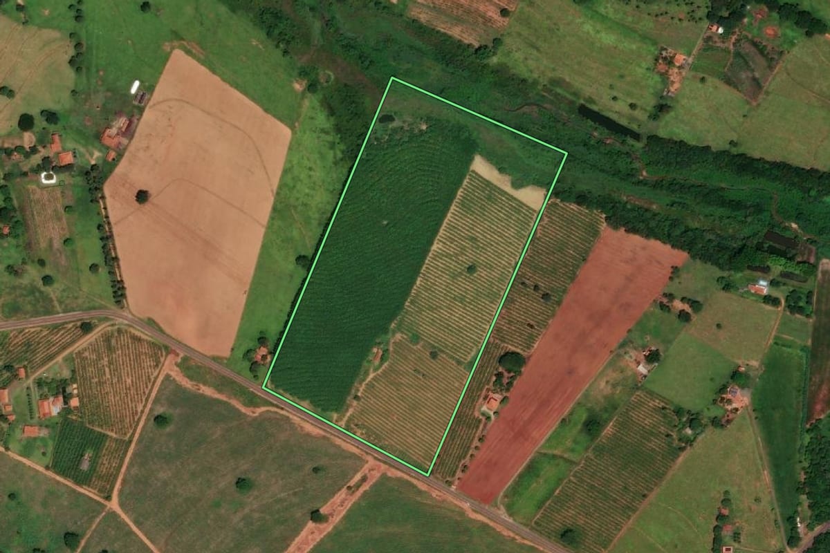 Imagem de satélite do imóvel rural em Monte Castelo (SP), com o contorno declarado no CAR desenhado por cima.