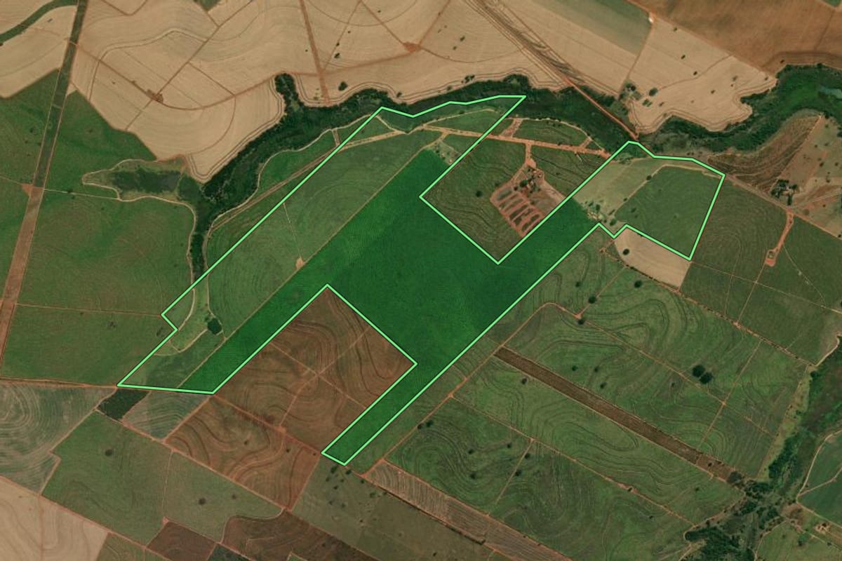 Imagem de satélite do imóvel rural em Monte Castelo (SP), com o contorno declarado no CAR desenhado por cima.