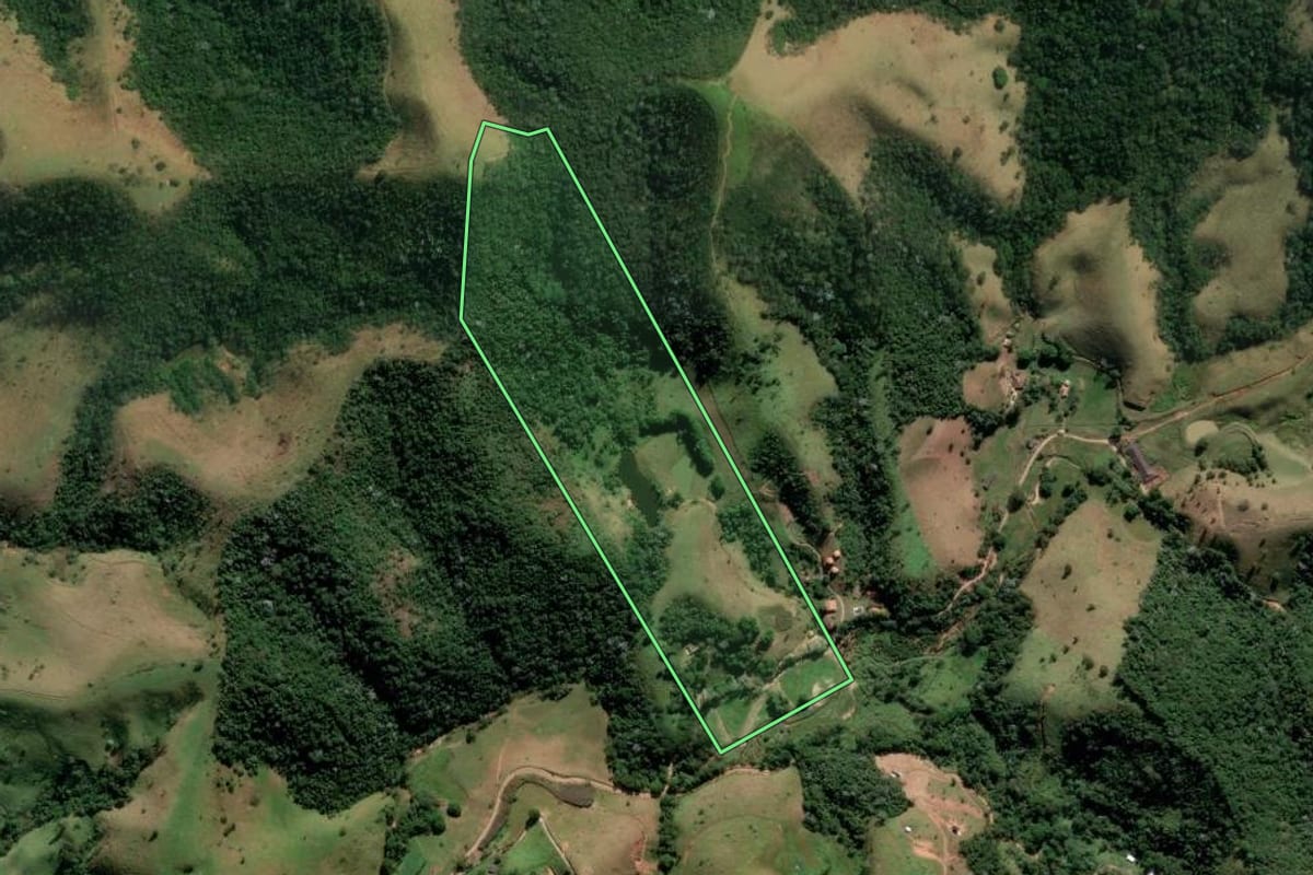 Imagem de satélite do imóvel rural em Monteiro Lobato (SP), com o contorno declarado no CAR desenhado por cima.