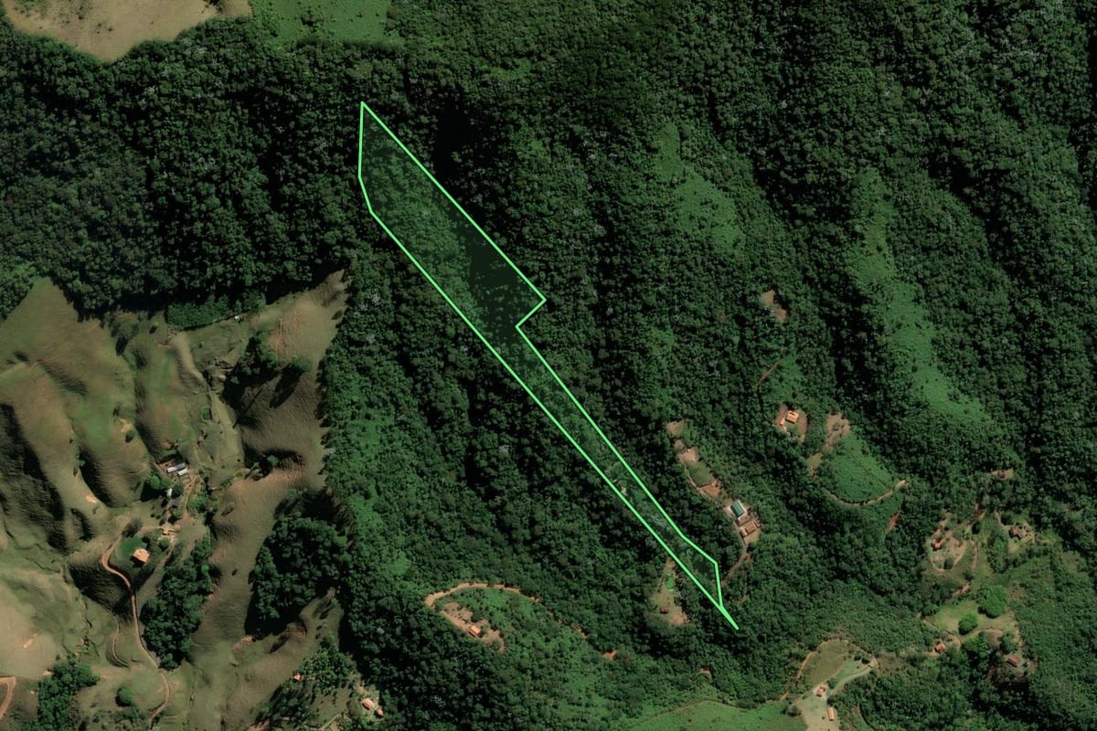 Imagem de satélite do imóvel rural em Monteiro Lobato (SP), com o contorno declarado no CAR desenhado por cima.