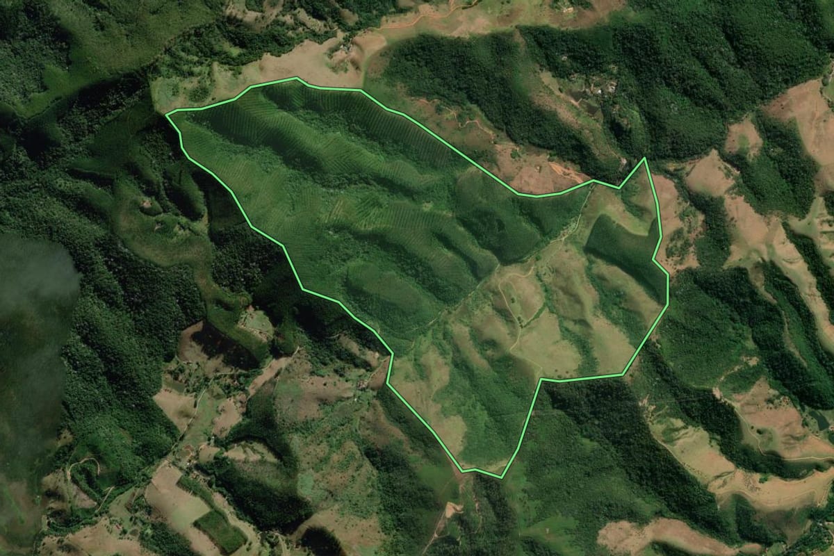 Imagem de satélite do imóvel rural em Monteiro Lobato (SP), com o contorno declarado no CAR desenhado por cima.