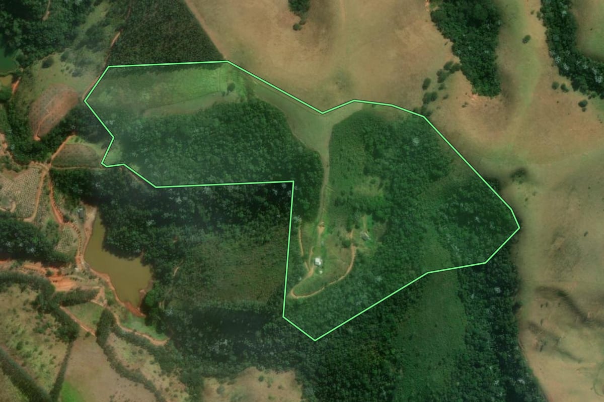 Imagem de satélite do imóvel rural em Monteiro Lobato (SP), com o contorno declarado no CAR desenhado por cima.