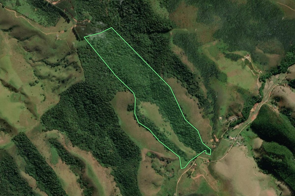 Imagem de satélite do imóvel rural em Monteiro Lobato (SP), com o contorno declarado no CAR desenhado por cima.