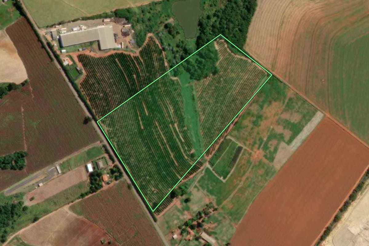 Imagem de satélite do imóvel rural em Monte Mor (SP), com o contorno declarado no CAR desenhado por cima.