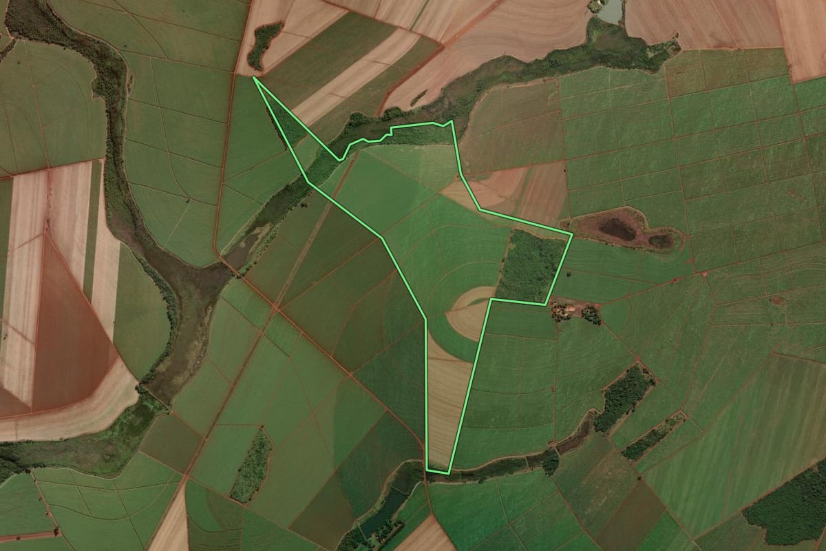 Imagem de satélite do imóvel rural em Morro Agudo (SP), com o contorno declarado no CAR desenhado por cima.