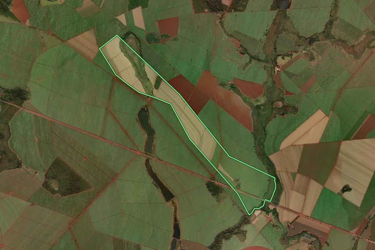 Imagem de satélite do imóvel rural em Morro Agudo (SP), com o contorno declarado no CAR desenhado por cima.