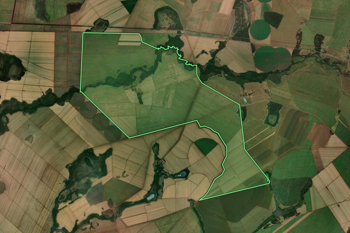 Imagem de satélite do imóvel rural em Morro Agudo (SP), com o contorno declarado no CAR desenhado por cima.