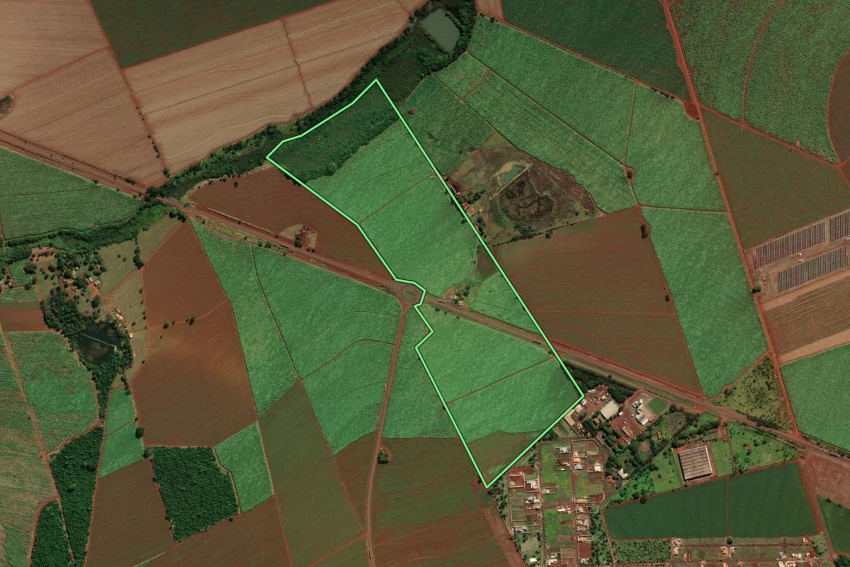 Imagem de satélite do imóvel rural em Morro Agudo (SP), com o contorno declarado no CAR desenhado por cima.