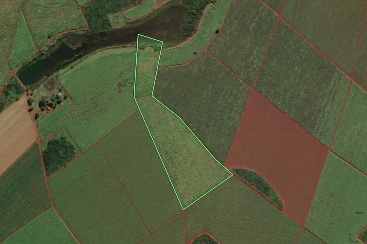 Imagem de satélite do imóvel rural em Morro Agudo (SP), com o contorno declarado no CAR desenhado por cima.