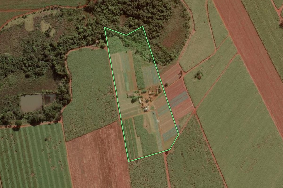 Imagem de satélite do imóvel rural em Morro Agudo (SP), com o contorno declarado no CAR desenhado por cima.