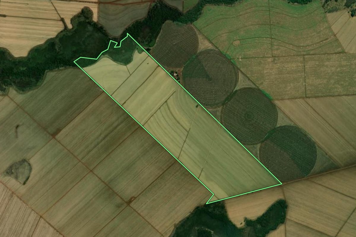 Imagem de satélite do imóvel rural em Morro Agudo (SP), com o contorno declarado no CAR desenhado por cima.