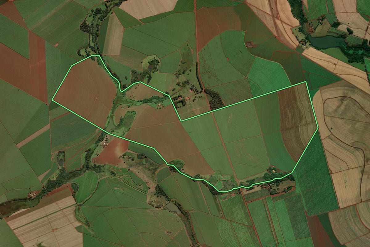 Imagem de satélite do imóvel rural em Morro Agudo (SP), com o contorno declarado no CAR desenhado por cima.