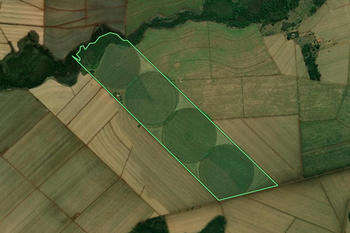 Imagem de satélite do imóvel rural em Morro Agudo (SP), com o contorno declarado no CAR desenhado por cima.