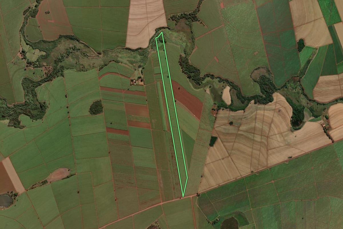 Imagem de satélite do imóvel rural em Morro Agudo (SP), com o contorno declarado no CAR desenhado por cima.