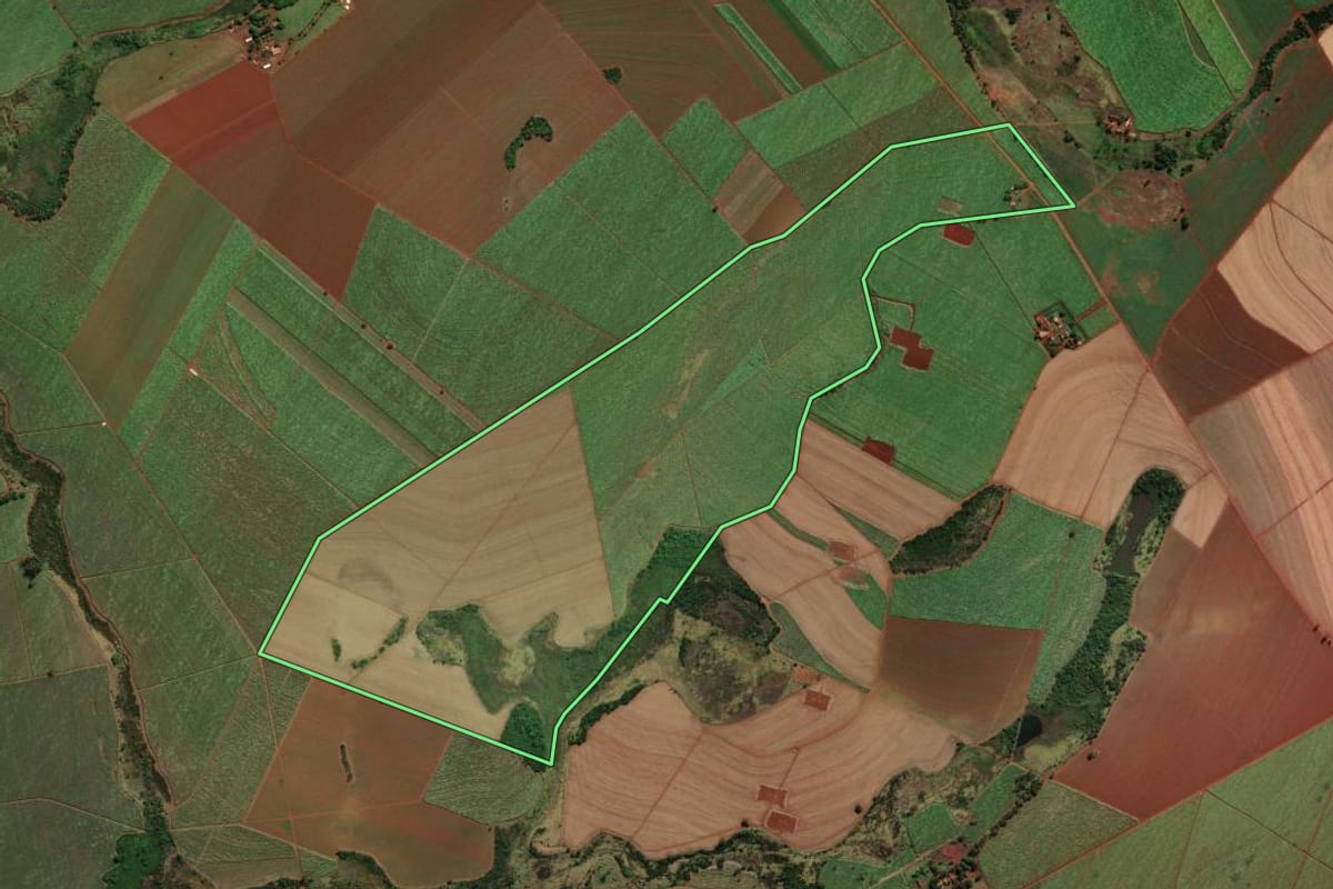 Imagem de satélite do imóvel rural em Morro Agudo (SP), com o contorno declarado no CAR desenhado por cima.